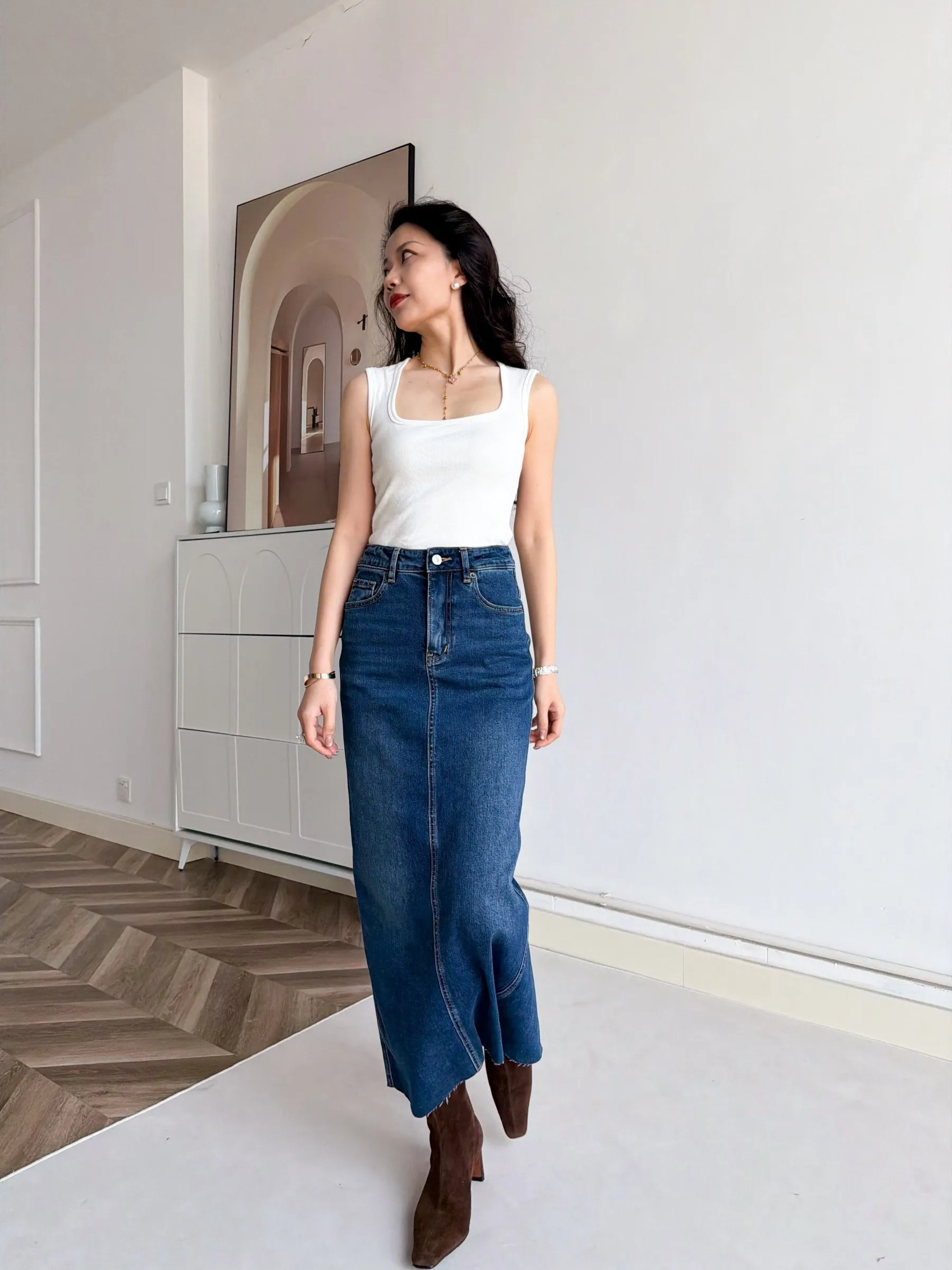 

Джинсовая юбка Terri Deep Blue стрейч, удлиненная, с высокой талией, разрезом сзади, средней посадки, женская, премиум-бренд