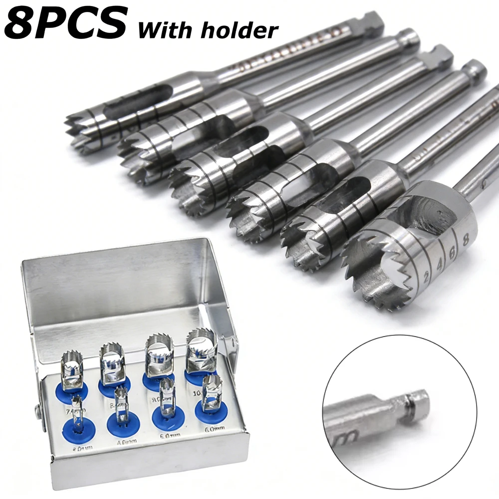 8 Piece Dental Implant Bone Trephine Bur Set with Disinfection Holder for Surgical Handpiece Use