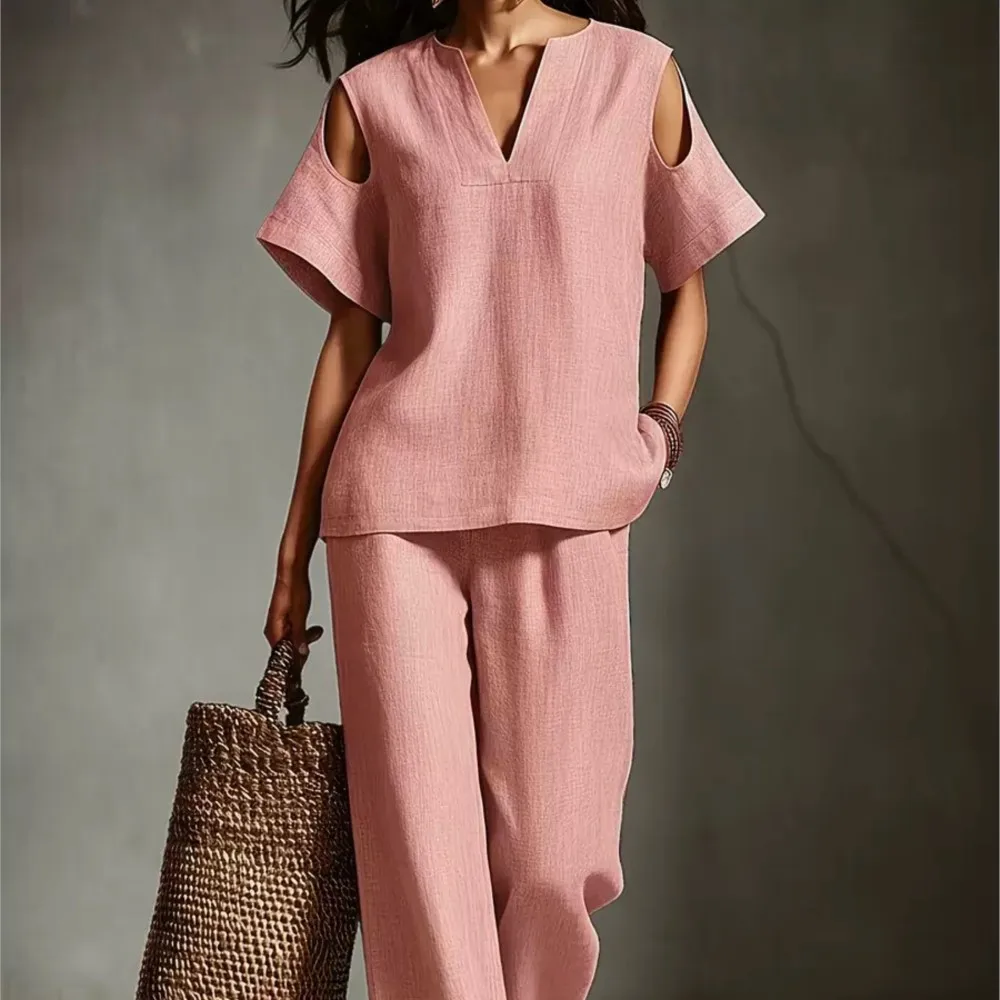 

Women's Solid Color Simple Linen Two Piece Cold Shoulder Short Sleeve Top Wide Leg Pants Casual Summer Vacation Suit Sportswear