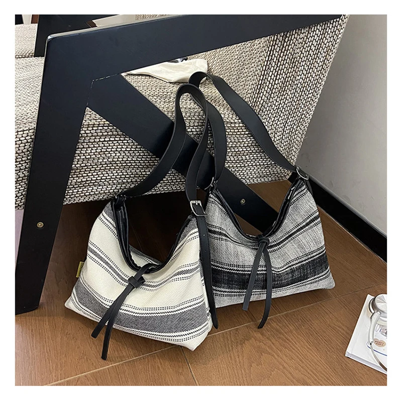 Korean Striped Tote Bag For Women's Leisure Large Capacity Wide Shoulder Strap Single Shoulder Bag Retro Commuting Crossbody Bag