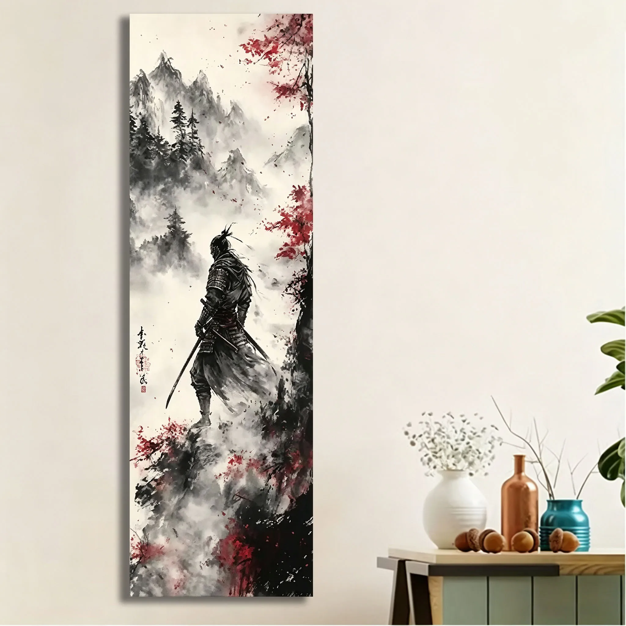 Vertical Long Tapestry with Ink Wash Style Japanese Samurai Wall With Flags Hanging On Them, Home Furnishings Aesthetic Tapestry