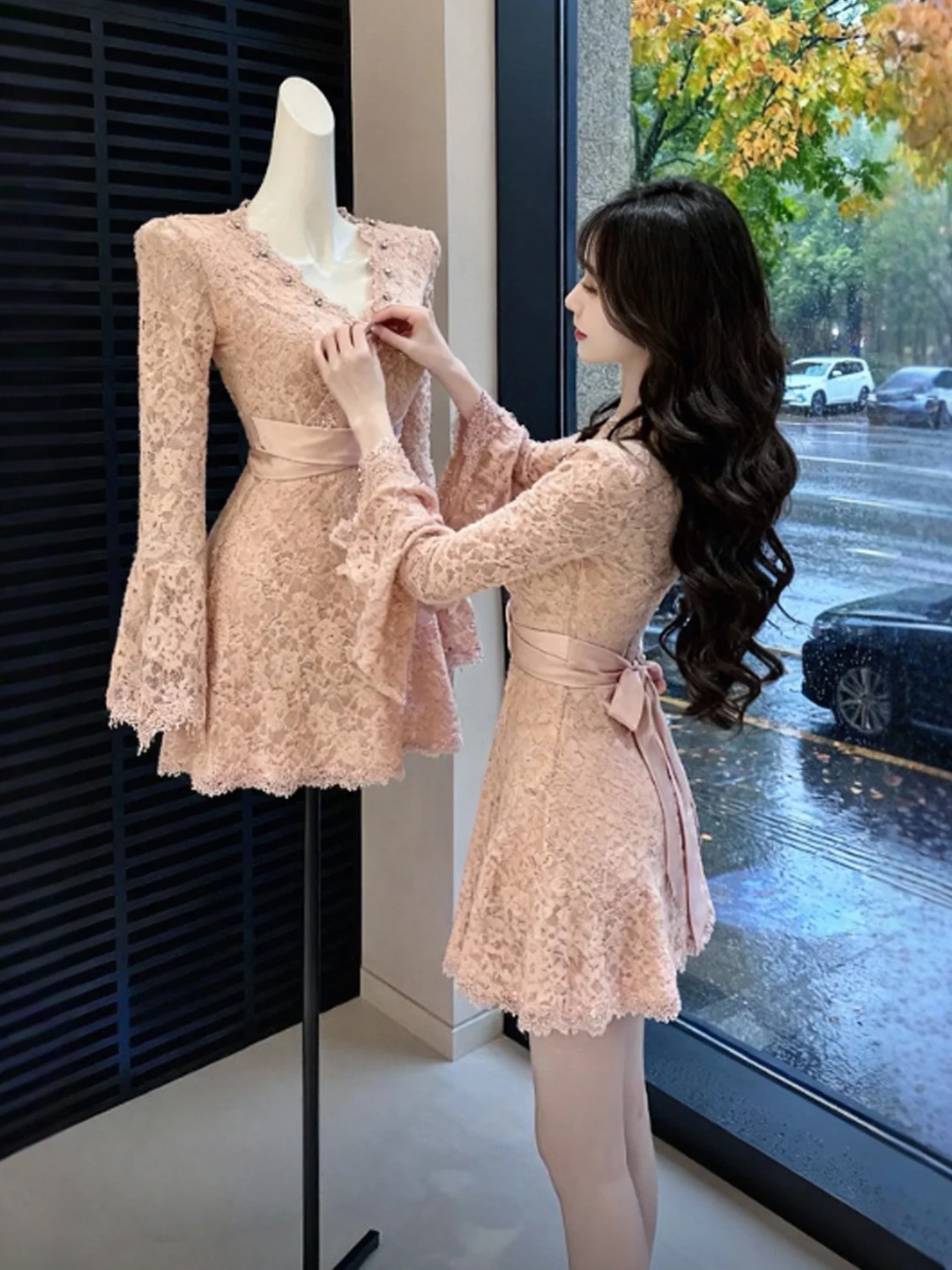 

Unique Pure Desire Sle Lace ort Skirt Dr V Ne Slim Fit Winter Faion High Waist Cotton Long Sve Women's Dr