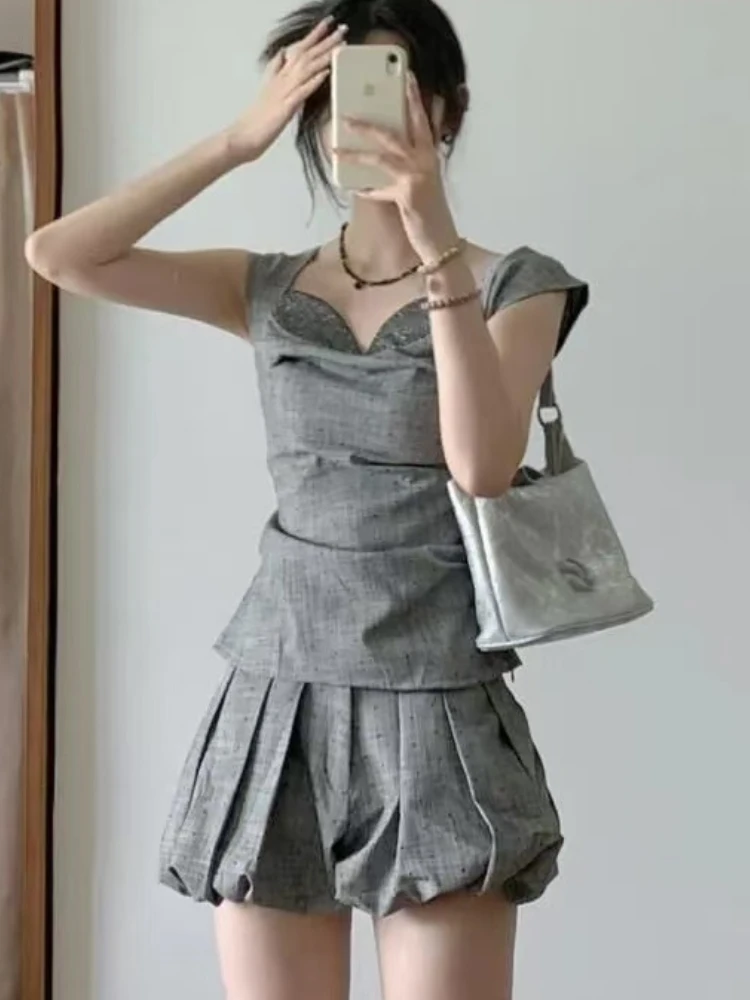 Korean Fashion New Chic Two Piece Set Women Gray Polka Dot sleeveless Tops+High Waist Mini Skirt Female Summer Casual Party suit