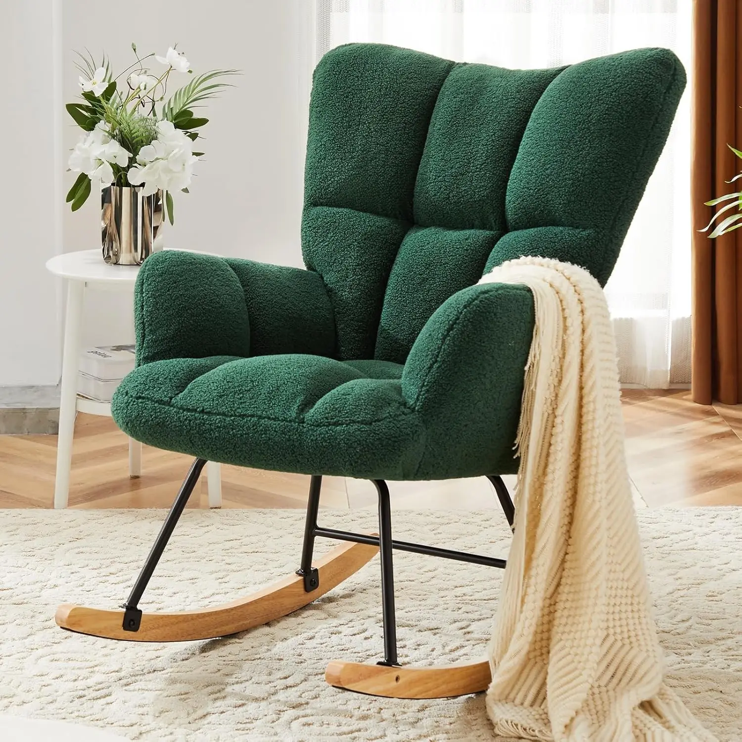 

Modern Nursery Rocking Chair, Upholstered Glider Chair with High Backrest, Rocker Accent Armchair with Solid Wood Legs