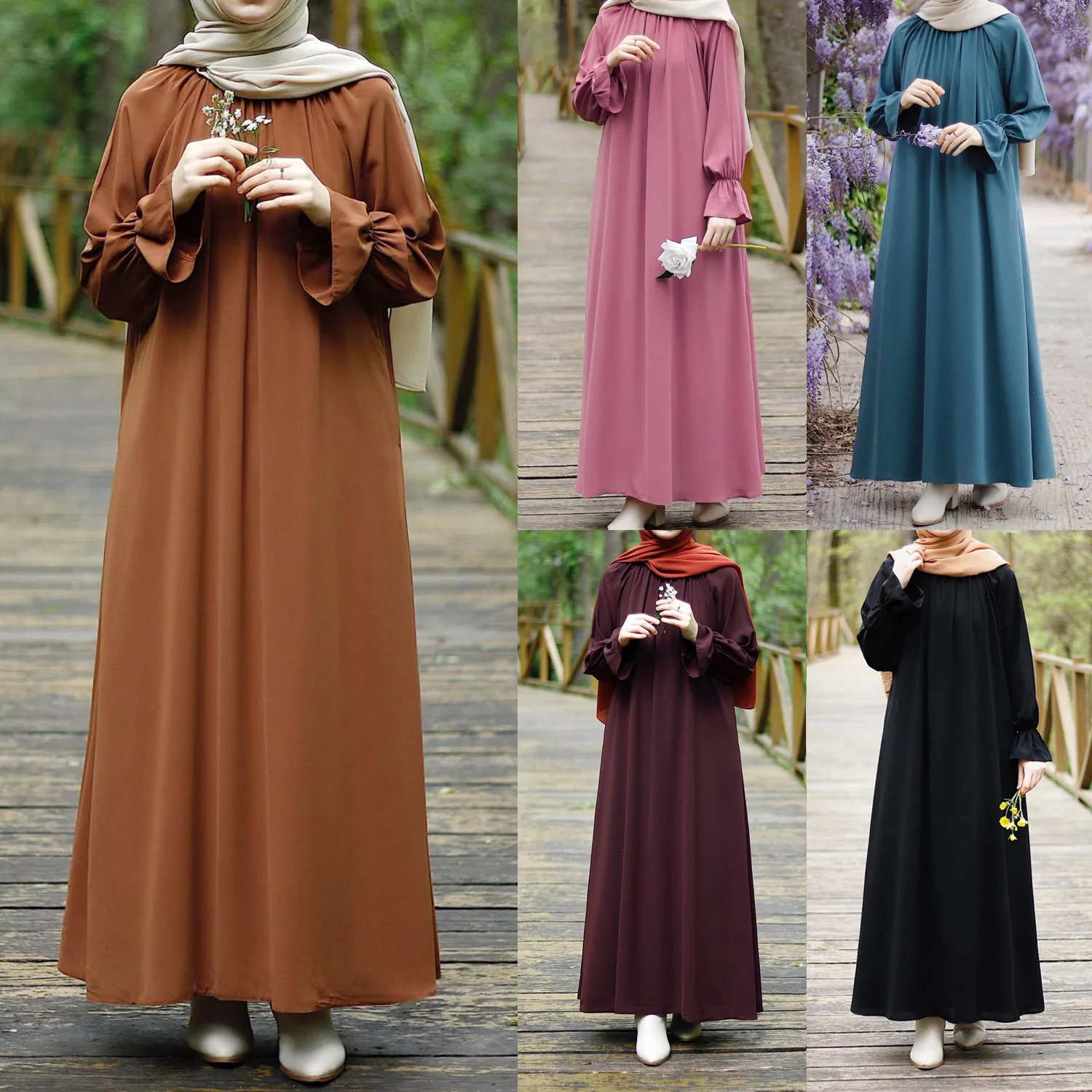 Muslim women's dress, solid color flared sleeve pocket, long sleeved casual dress, abaya