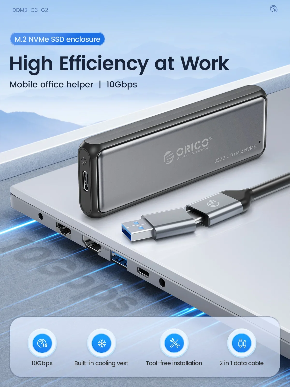 ORICO-Boîtier SSD M.2 NVMe SATA en aluminium, 10Gbps, sans outil M2, accessoires pour ordinateur portable