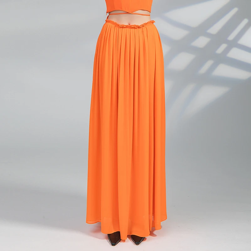 Love Elegant Edible Tree Fungus Organ Pleats Solid Silk Georgette Skirts Womens Simple Casual Orange A-Line Long Skirt CY005