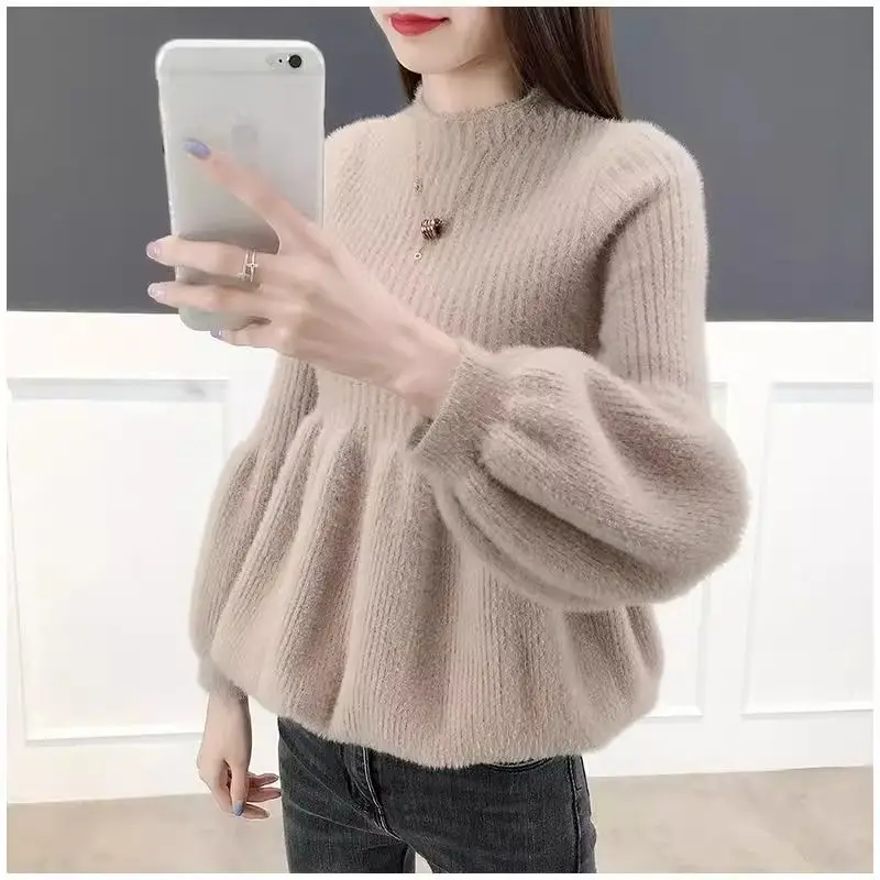 

Autumn Winter New Fashion Solid Half High Neck Bubble Sleeves Sweaters Mink Fur Women's Clothing Loose All-match Knitting Tops