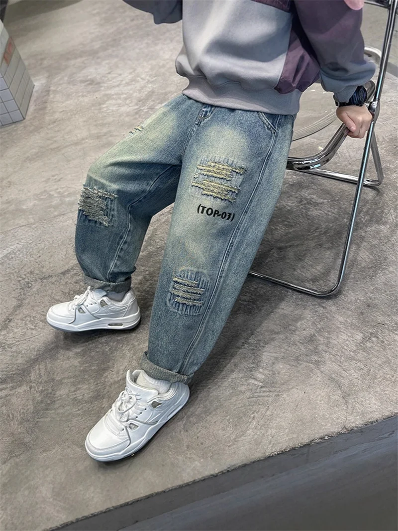 Herbst-Jungen-Jeanshosen Kinder Lose Denim-Hosen Teenager Mode Frühling Baggy Freizeithosen Kinderbekleidung 4-12 Jahre – Detail 3