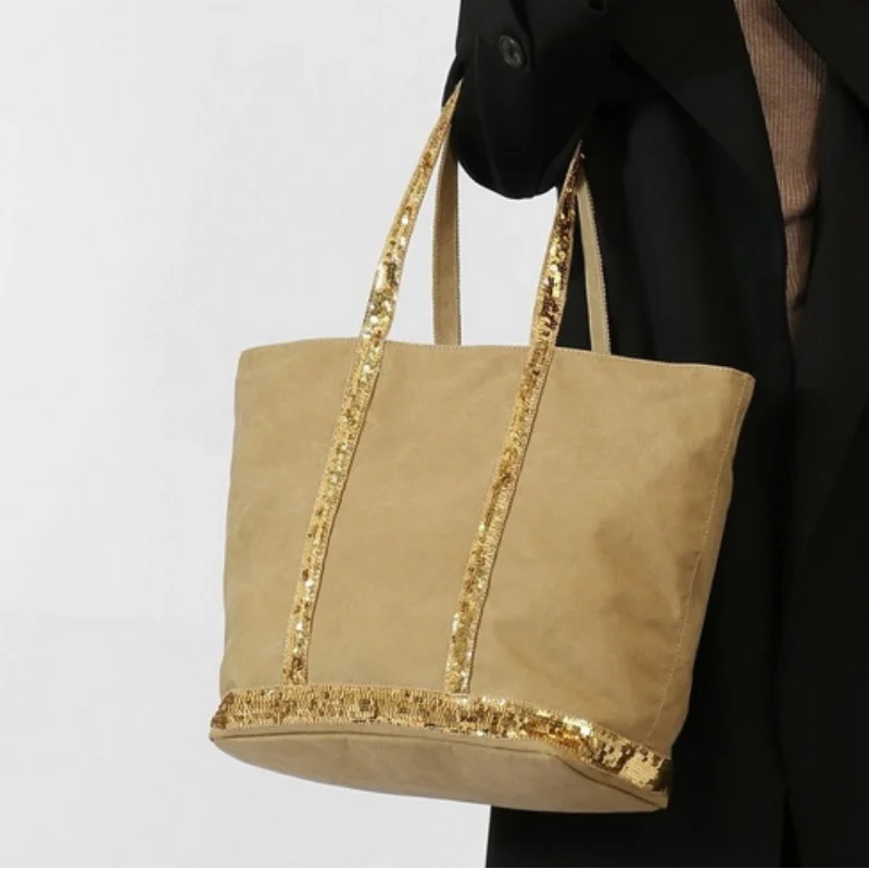 

Brand Canvas Sequined Large Capacity Tote Bag Contrast Color Retro Handbag Spacious Crossbody Bag Business Trip Travel Bag