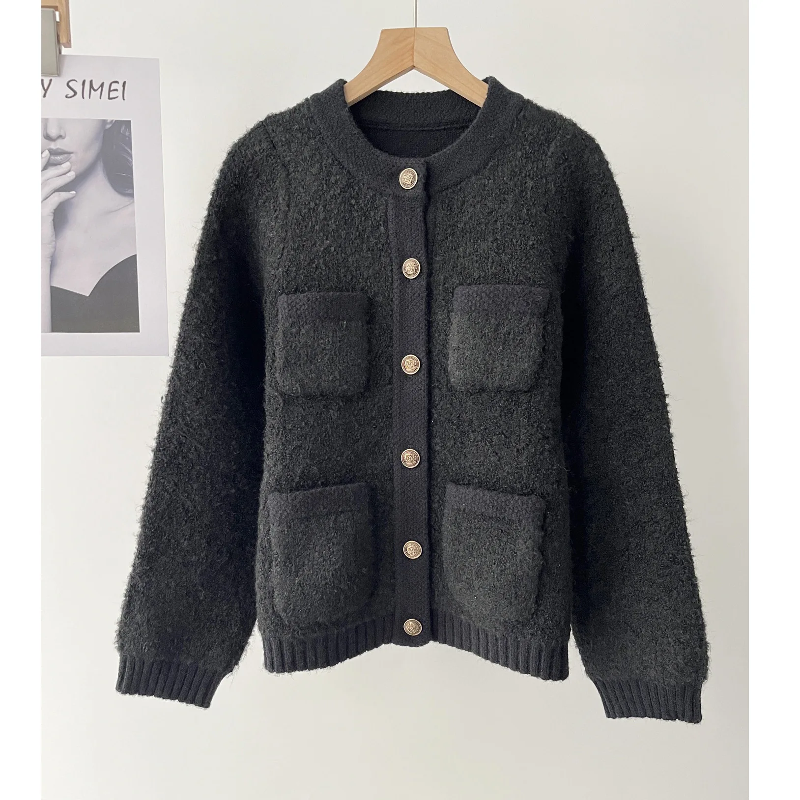 

Женский черный вязаный кардиган с круглым вырезом, мягкий восковой свитер на осень и зиму 16а-1832