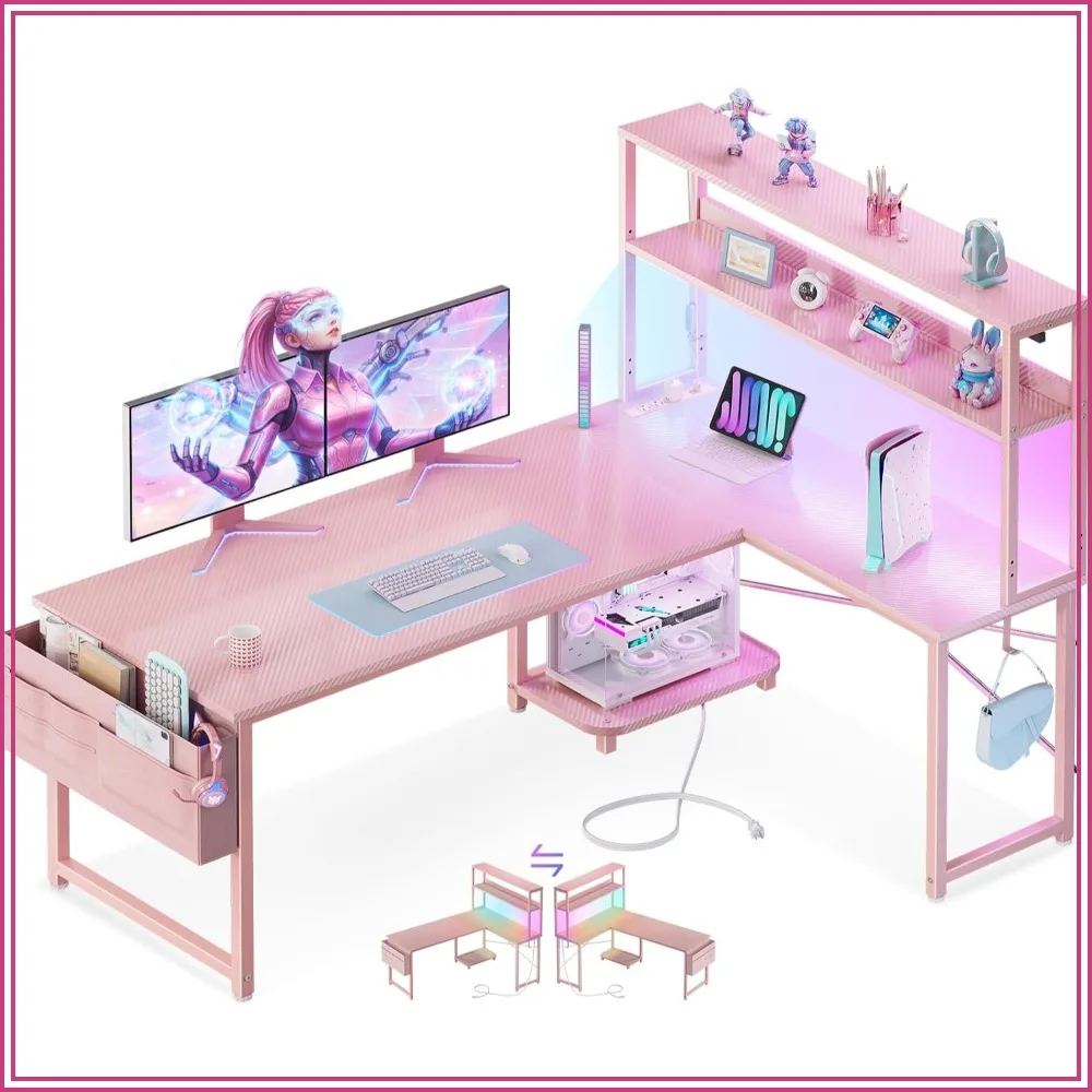 Pink L Shaped Gaming Desk with Shelves LED Lighting And Outlets for Computer Monitor Gaming Chair Desktop Workstation