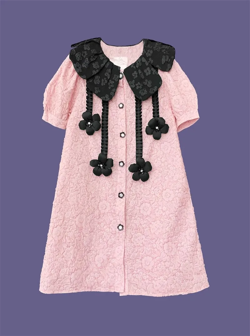 ชุดเดรสยาวลำลองแขนสั้นลายดอกไม้สีชมพูหวานน่ารักสำหรับผู้หญิงแฟชั่นฤดูใบไม้ผลิและฤดูร้อน รุ่น NZ266