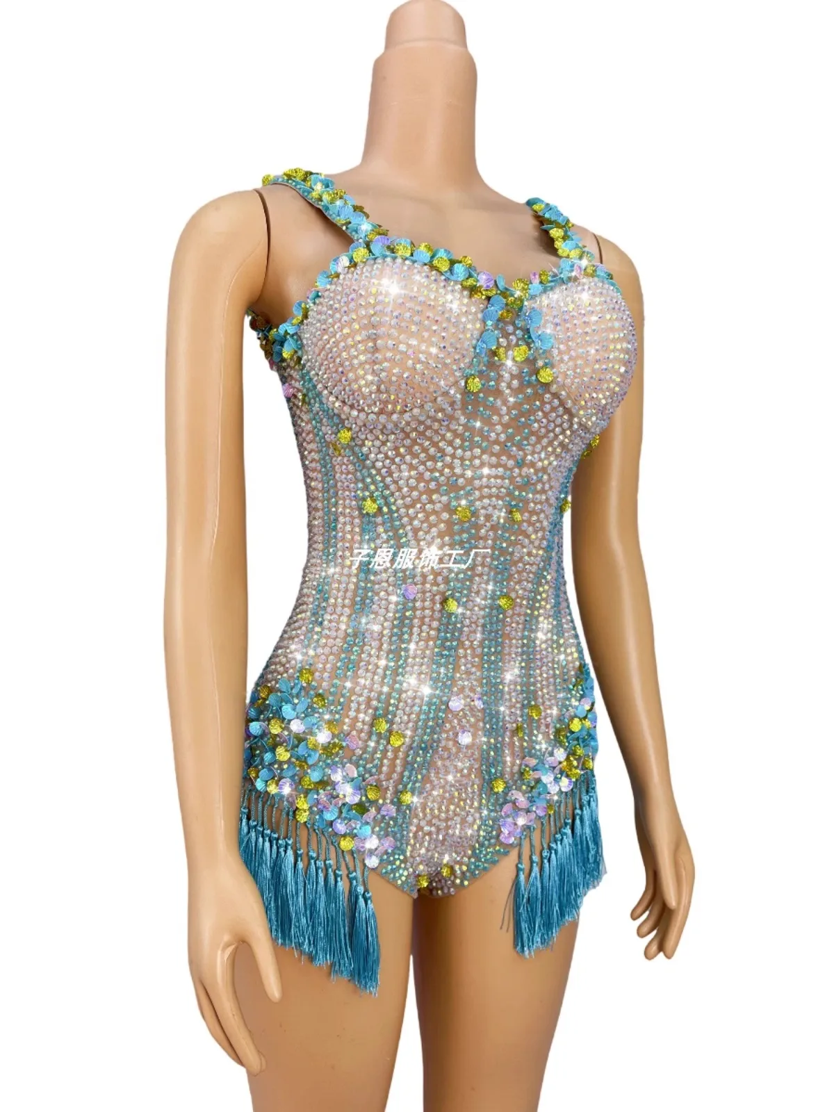 Gorgeous Heavy industry shining rhinestone shell sequin fringe jumpsuit singer girl group dance costume