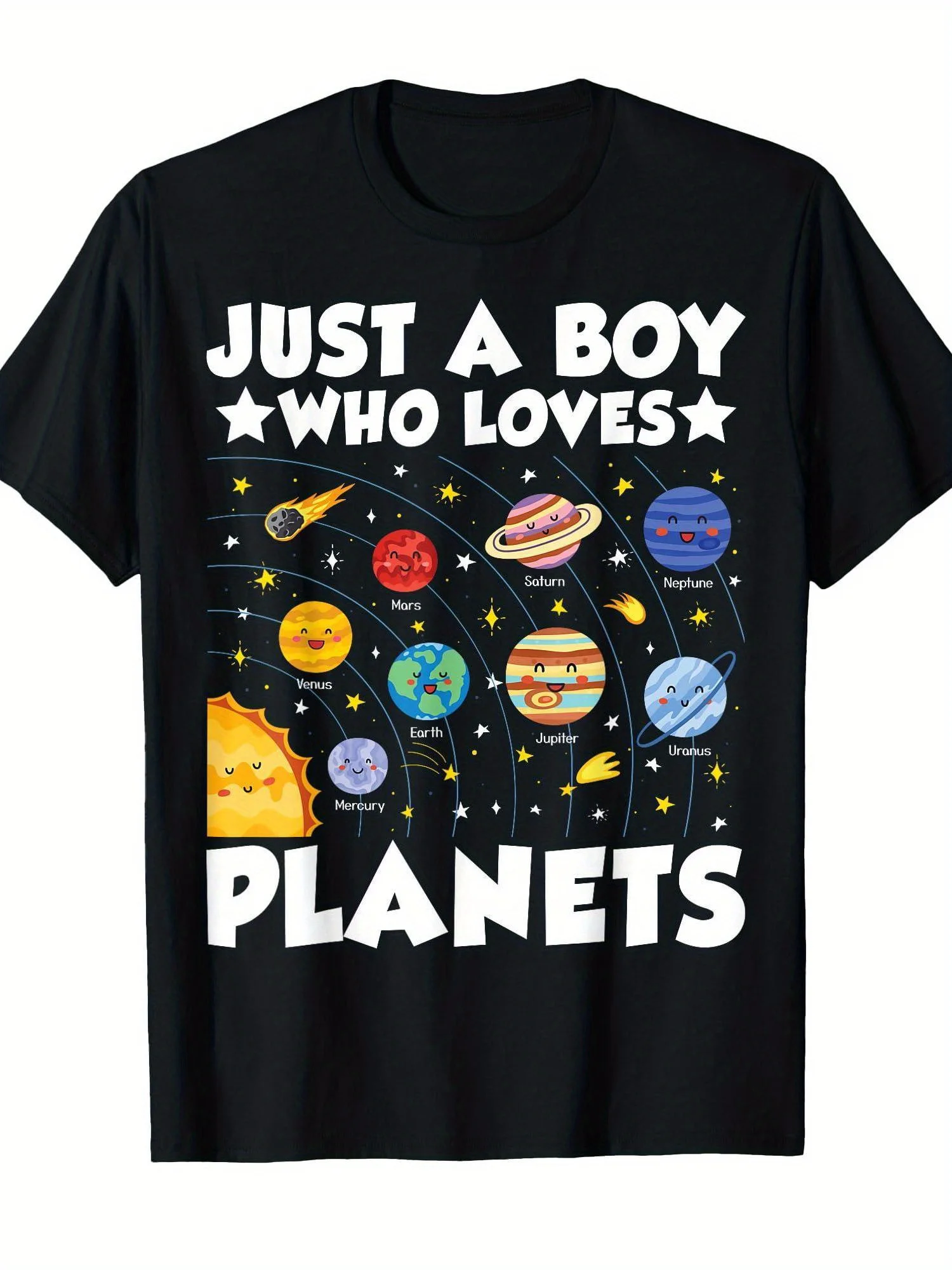 

Just A Boy Who Loves Planets Graphic T-Shirt Cute Solar System Labeled Design Men's Casual Cotton Tee