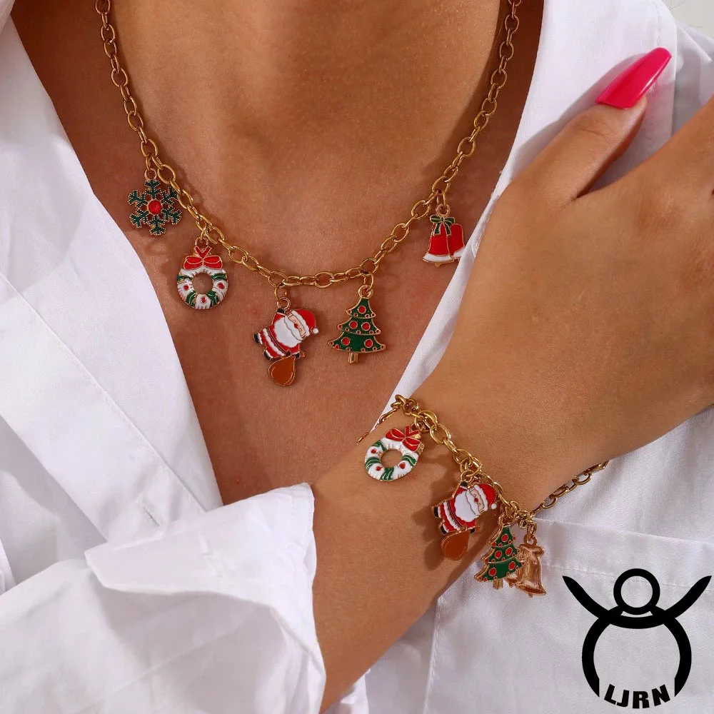 

2025 New Necklace Bracelet Set Titanium Steel Gold Color Plated Metal Christmas Santa Claus Cartoon Snow jewelry Set for Women