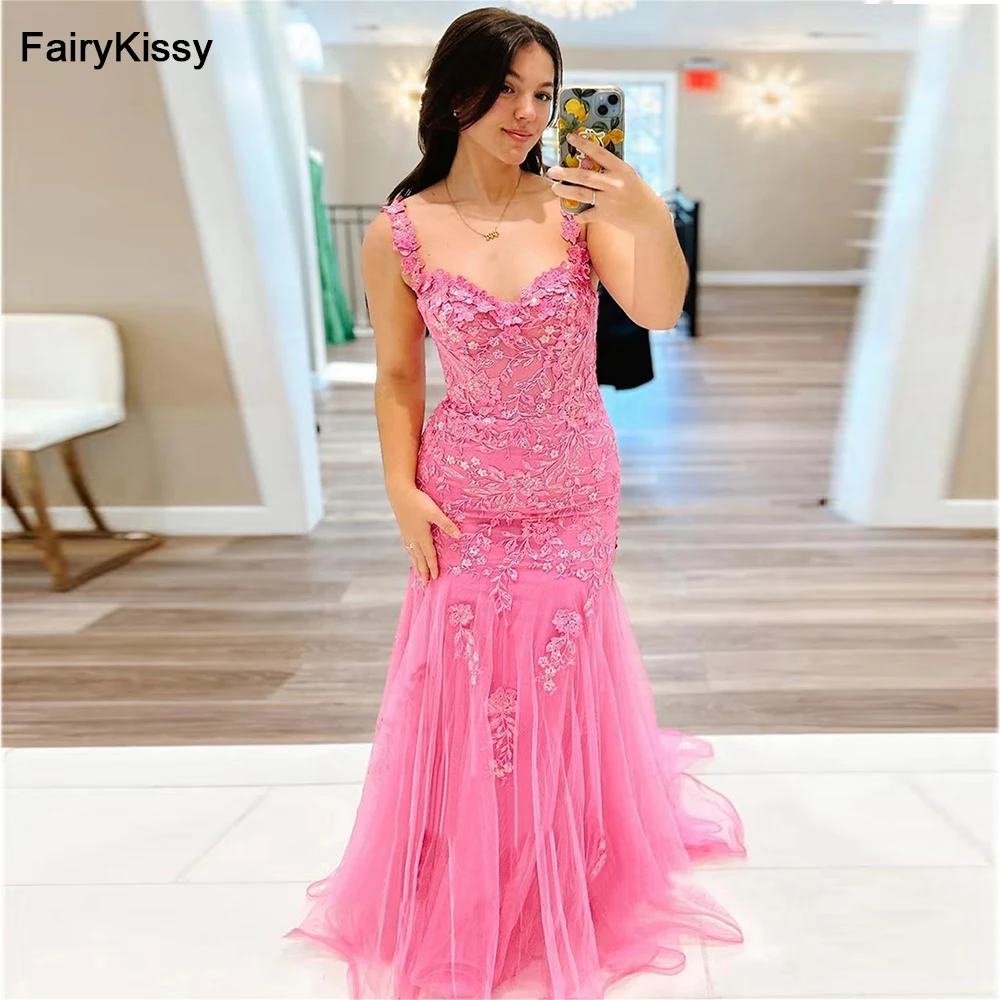 

FairyKissy Chic Pink Mesh Embroidery Applique Lace Mermaid Elegant Evening Dress Female Suitable Dresses on Request Graduation