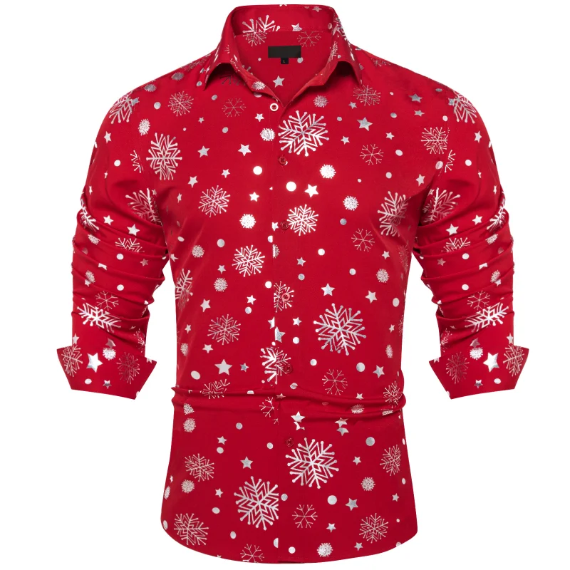 Christmas Men\'s Shirts Party Men Clothing Red Long Sleeve Button Down Collar Dress Shirts Blouse with Silver Snowflake Patterned