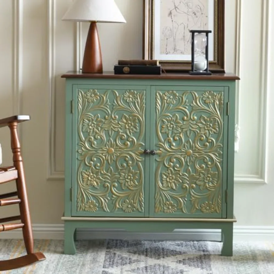 Vintage Sideboard Wood Accent Cabinet with Door Handcrafted Storage Cabinet with AccentsGold Antique Green Credenza for Kitchen