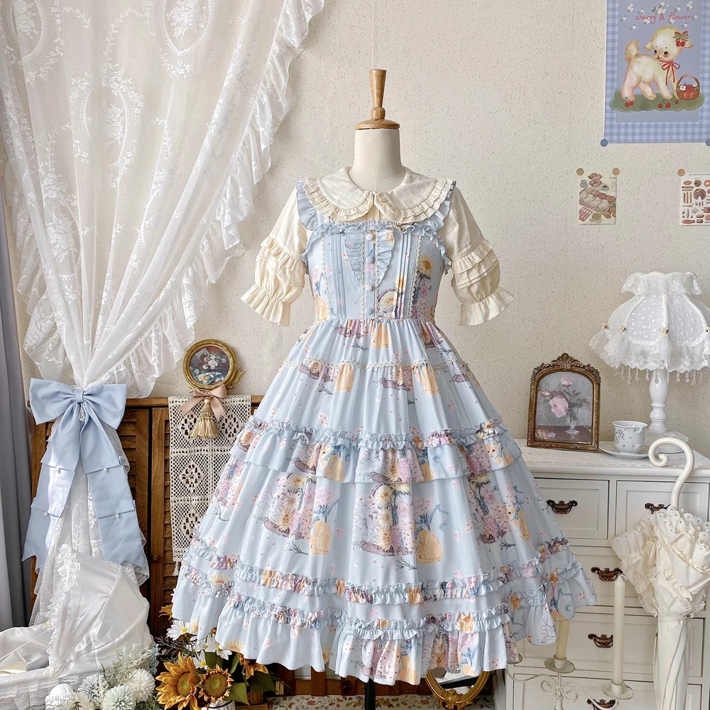 Vestido japonés Kaeaii Lolita de girasol y gato, vestido JSK con tirantes, volantes, dulces vestidos de tirantes para niñas, vestidos de fiesta de princesa elegantes