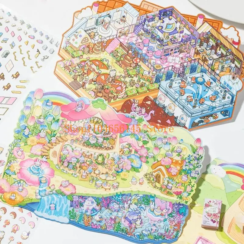 5asd Cartoon-Miniaturszenen-Aufkleber, lustiger 3D-Miniatur-Landschaftsaufkleber für Kinder und Erwachsene, Scrapbooking – Detail 1