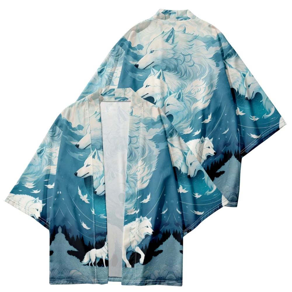 Summer Japanese Anime White Wolf Print Kimono Unisex Shirts Blouses Beach Wear Haori Cardigan Cloak Tops Coat 6XL 5XL 4XL