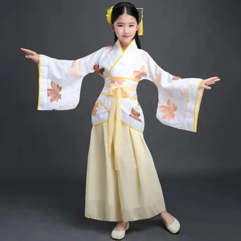 dd12Chinese silk robe Girls Children Kimono China Traditional Vintage Ethnic Fan Students Chorus Dance Costume Hanfu