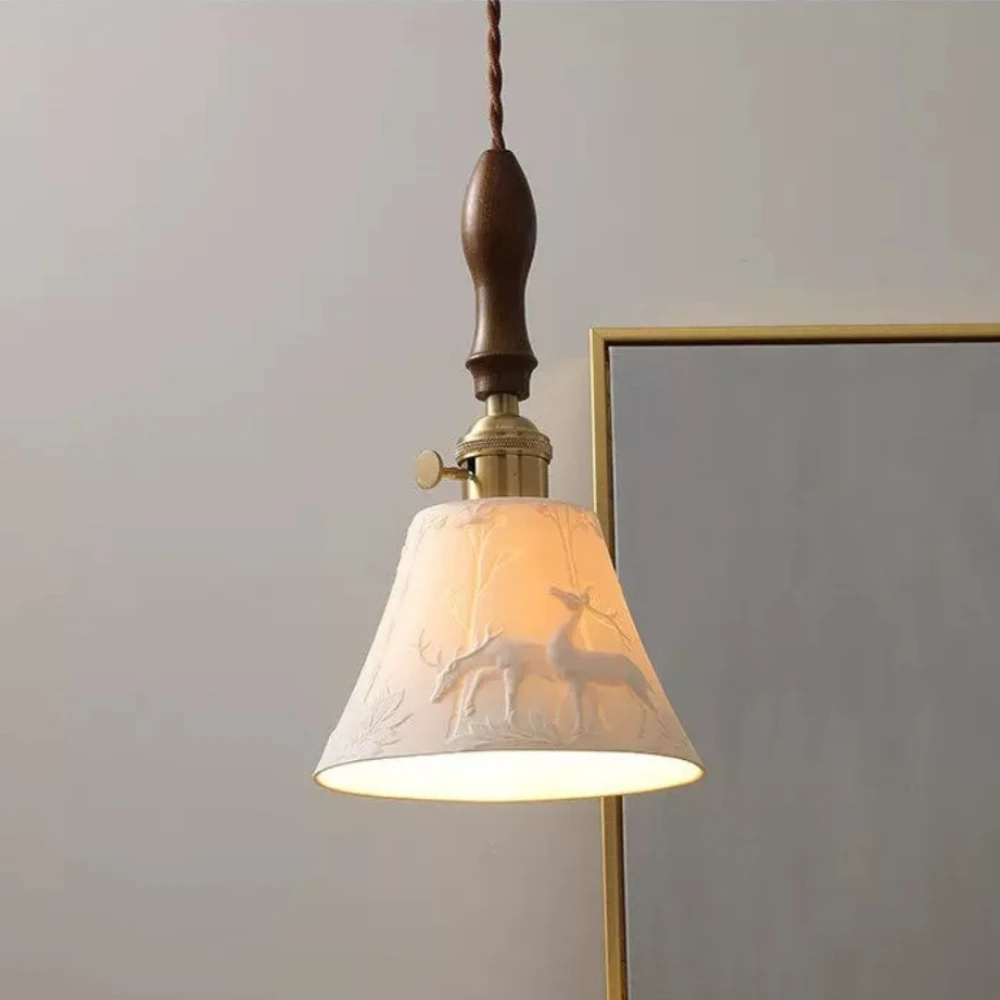Modern Walnut LED Pendant Light Balcony Reading Room Dining Room Bedside Chandelier White Ceramic Hanging Fixture