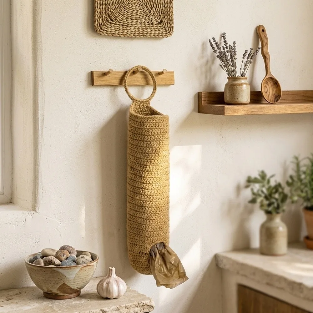 For Jute Crochet For Plastic Bags Holder Handwoven Storage Organizer - Natural Fiber Wall Hanging 19x49cm Kitchen Closet Decor