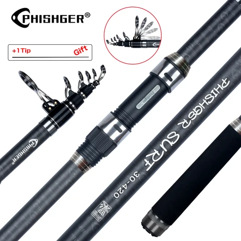 PHISHGER Vara giratória telescópica de surf 3.6/4.2/4.5/5.0/5.3m Power80-150g 30T Viagem de carbono Surfcasting Shore Casting Vara de pesca