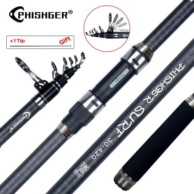 PHISHGER Vara giratória telescópica de surf 3.6/4.2/4.5/5.0/5.3m Power80-150g 30T Viagem de carbono Surfcasting Shore Casting Vara de pesca
