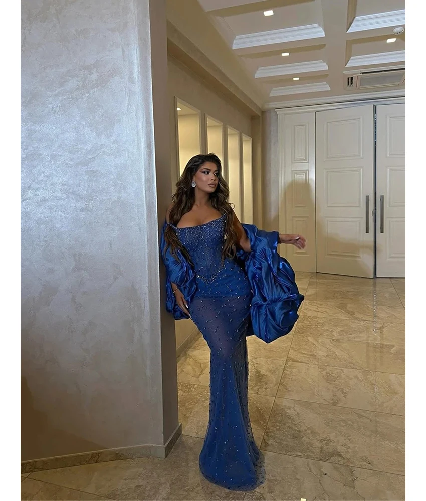 

Customized Exquisite Tulle Mermaid shawl Crystal Sequined Evening Dress Luxury Strapless Sleeveless فساتين سهرة