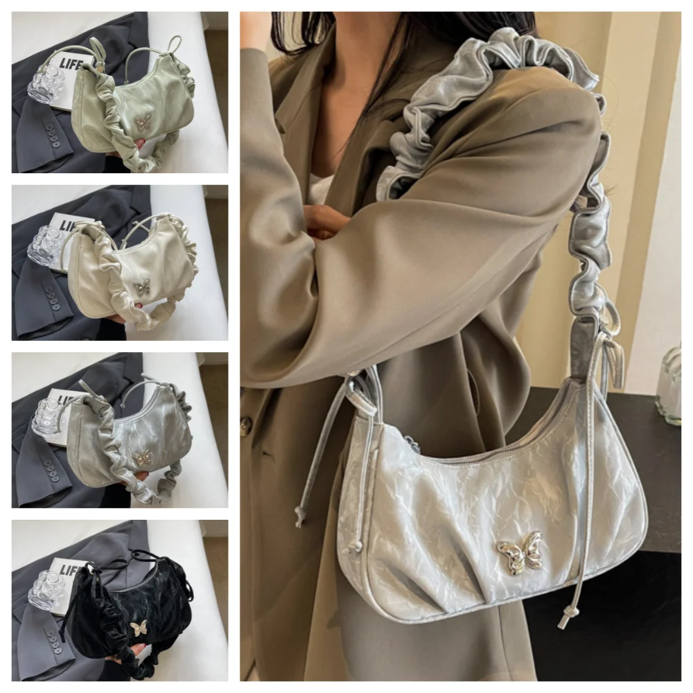 

Trendy Korean Style Pleated Single Shoulder Bag PU Leather Large Capacity Butterfly Bag Underarm Dark Fringe Bow Bag Unisex