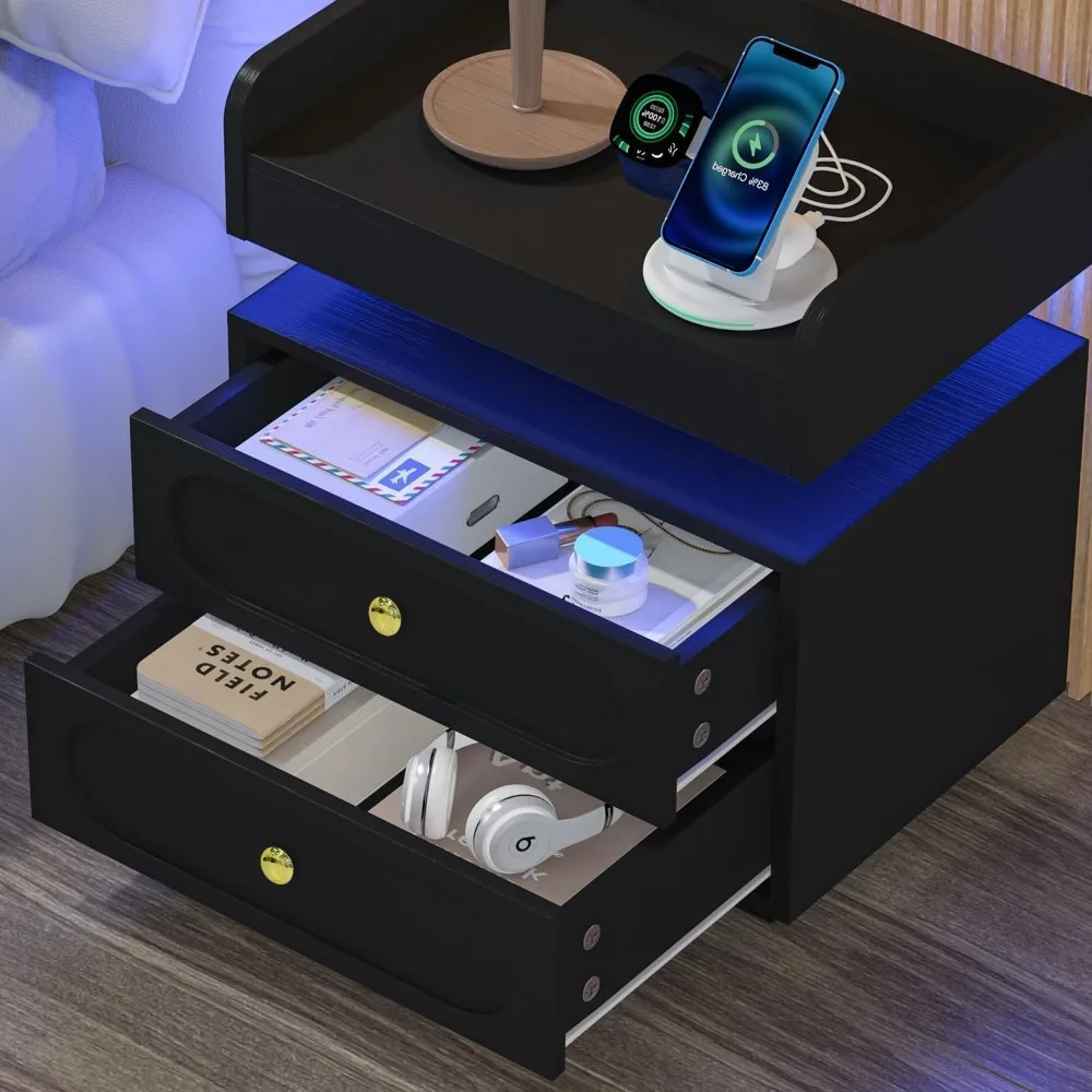 Estación de carga Juego de 2 mesitas de noche con luces LED, mesitas de noche con doble cajón, mesa auxiliar moderna para dormitorio