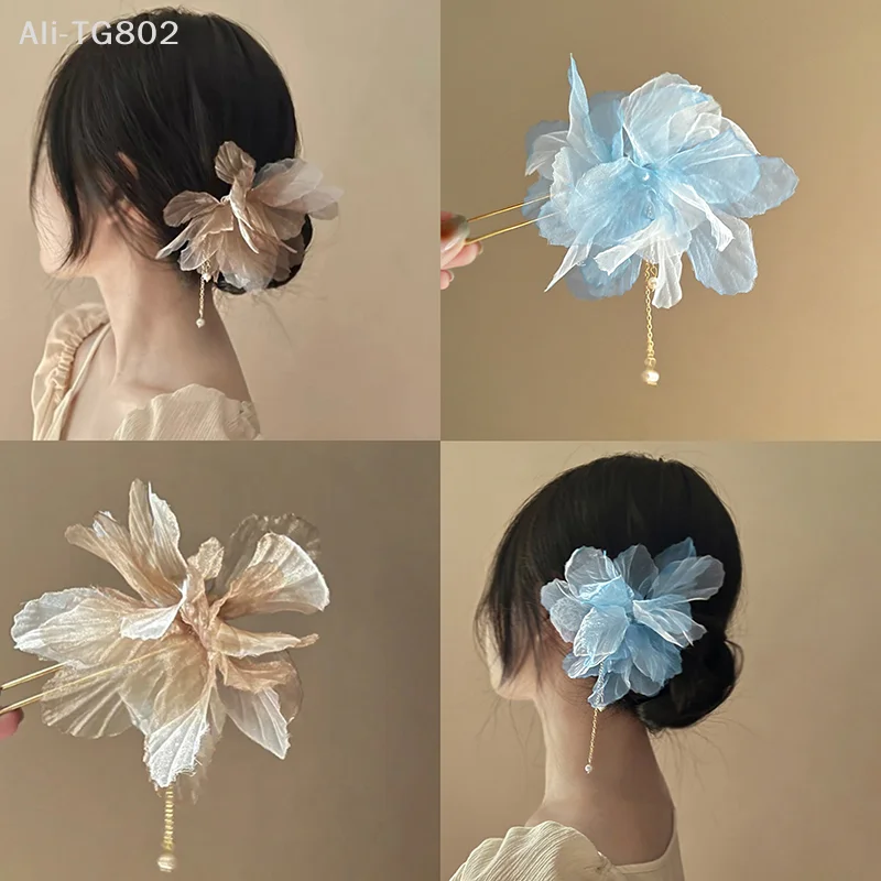 

Korean Antique Chiffon Flower Pearl Tassel Hair Stick U-Shaped Hair Clip Temperament Chinese Style Hairpin For Women Headwear