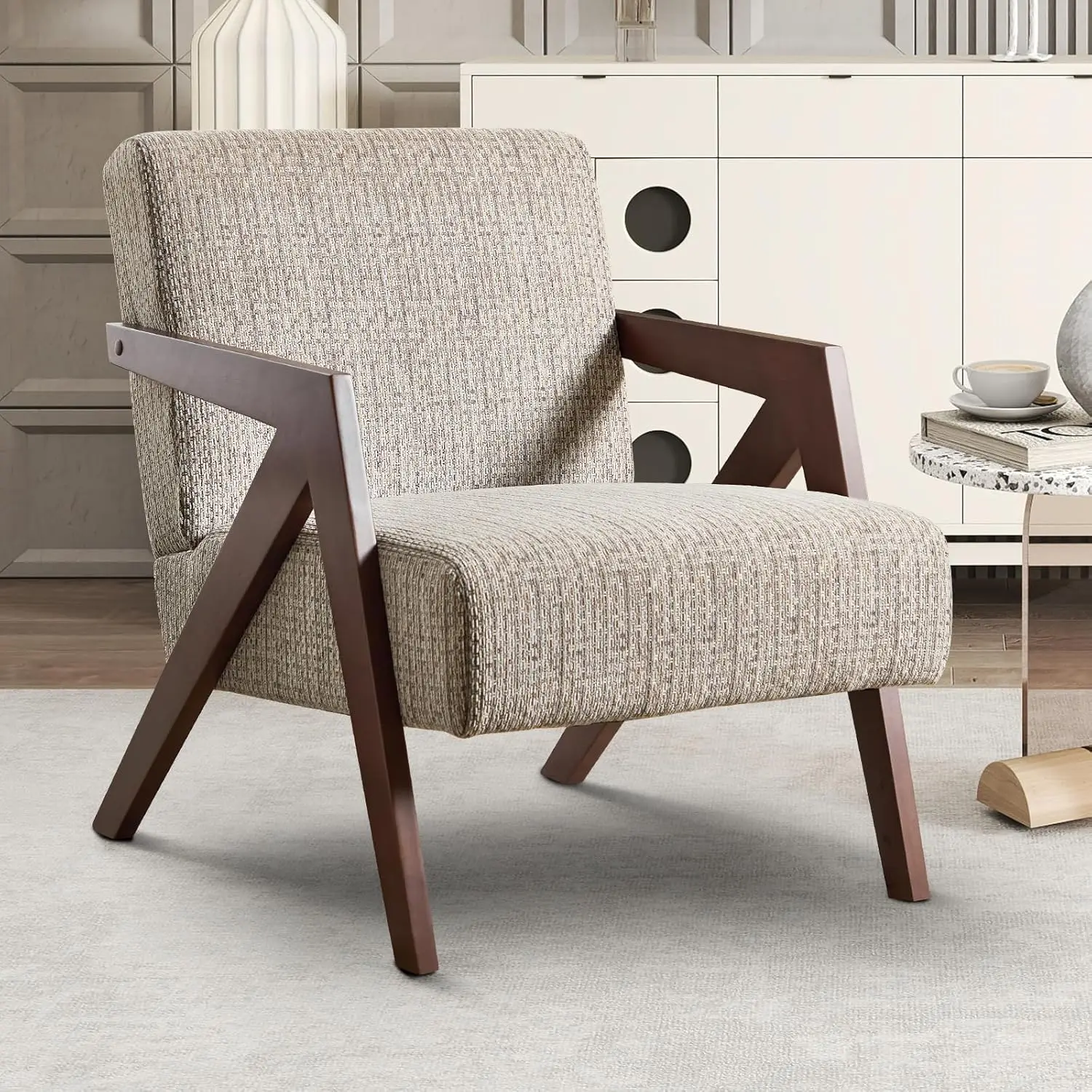 

Mid Century Modern Accent Chair with Wood Frame, Upholstered Reading Armchair with Soft Linen Fabric, Accent Chair for Liv