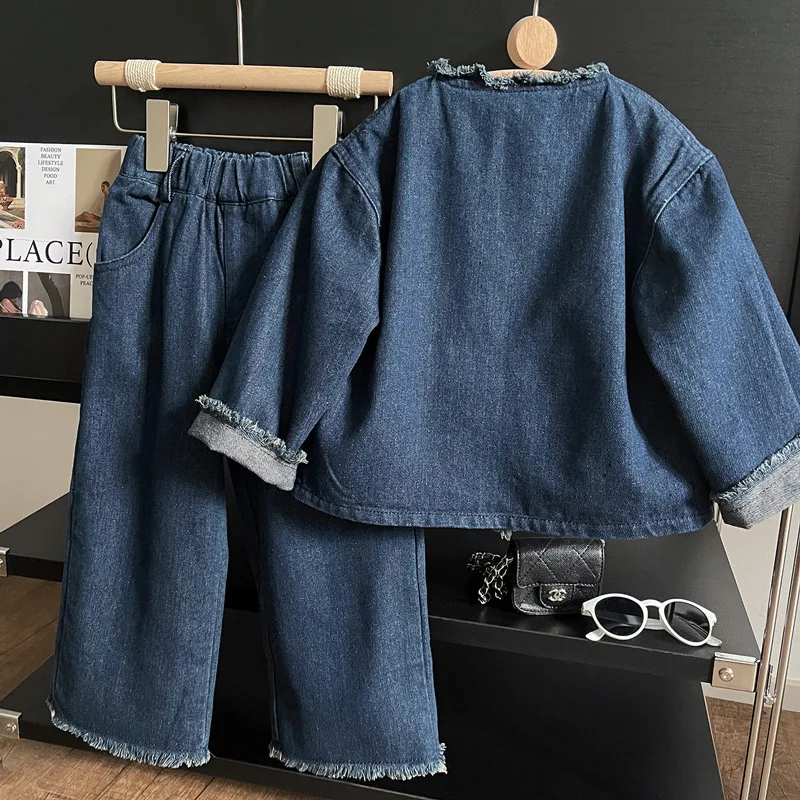 Girl Suit 2023 New Spring Autumn Korean Fashion Style Denim Suit Baby Girl Jean Jacket Hairy Wide Leg Jeans Two Piece Suit