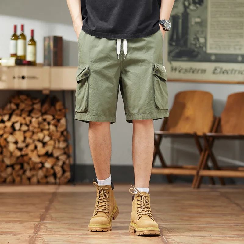 Summer cargo shorts Men's American cotton loose straight pants lace-up casual medium pants multi-pocket five cent shorts trend