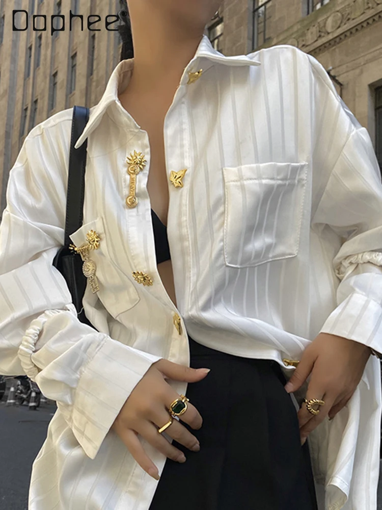 Vintage White Striped Casual Shirts Metal Button Lapel Single Breasted Long Sleeve Blouse Office Lady American Retro Female