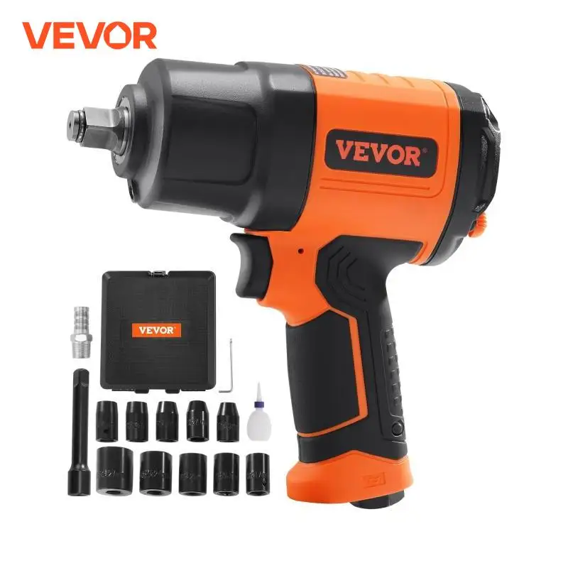 VEVOR 1/2 Inch Air Impact Wrench High Torque Up to 1400 ft-lbs Pneumatic Impact Gun with Steel Impact Socket Set for Auto Repair