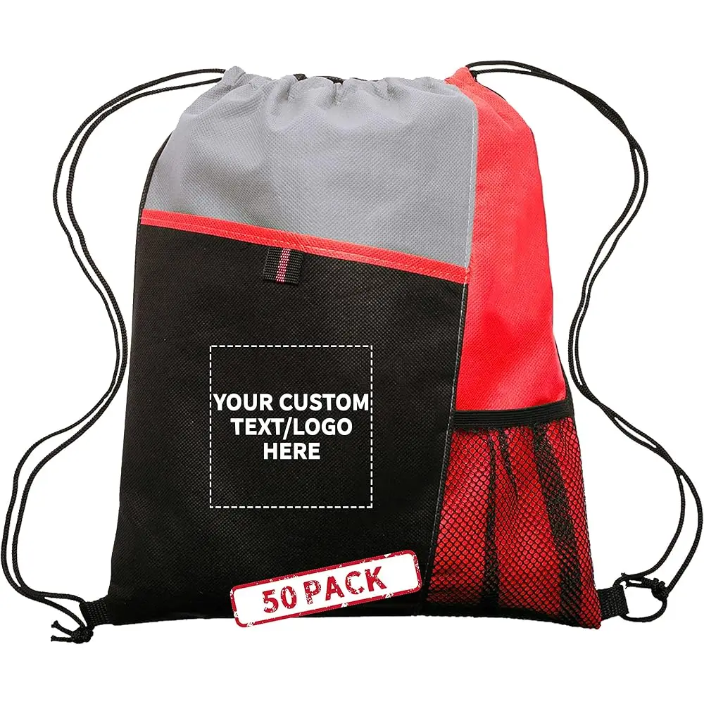 

50 Mesh Pocket Drawstring Backpacks Set - Customizable Text, Logo - Durable, Multicolor, Bla Straps - Red