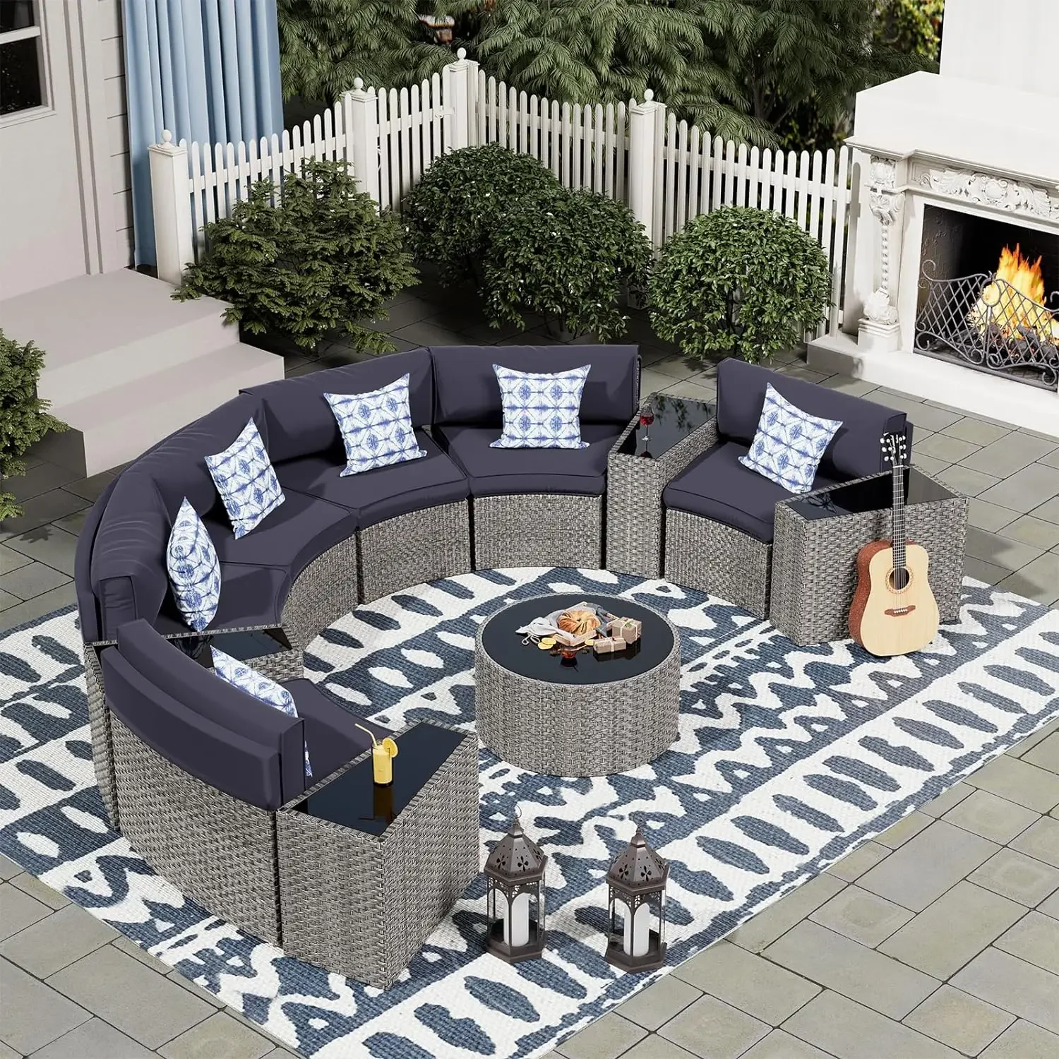 

Patio Furniture Set Integrated Outdoor Sectional 11 Pieces Grey Rattan Modular Curved Sofa Set with Wicker Round Coffee Table