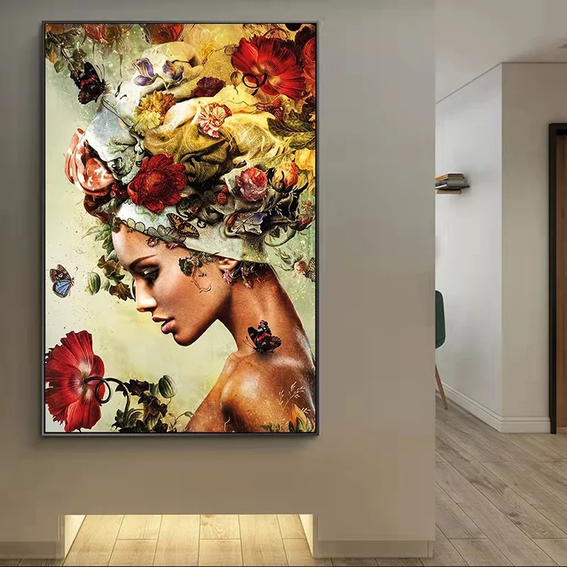 

Flower Butterfly African Woman Art Canvas Painting Abstract Posters and Prints Wall Pictures for Living Room Home Decor Cuadros