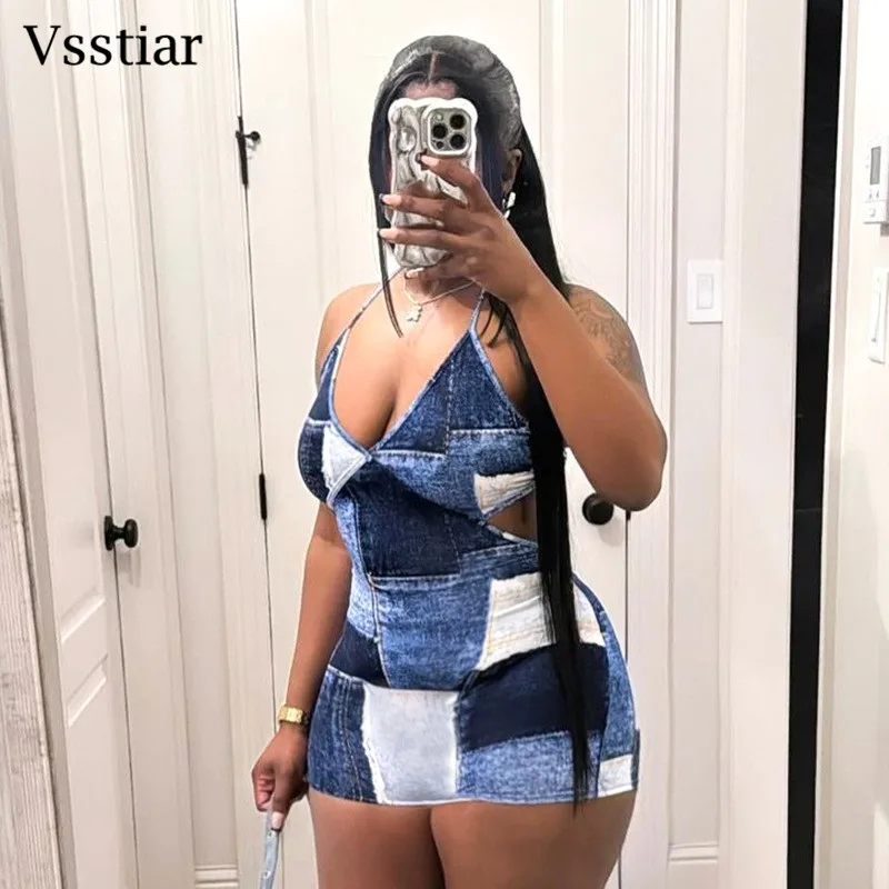 

Vsstiar Fashion Summer Spaghetti Strap Mini Denim Dress For Women Sexy Backless Sleeveless Patchwork Party Clubwear Outfits