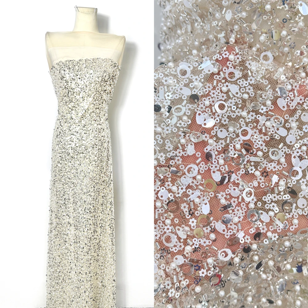 

African Heavy Beaded Lace Fabric 2025 High Quality 5 Yards Nigerian Sequins Groom Fabric Material For Wedding Party Dress