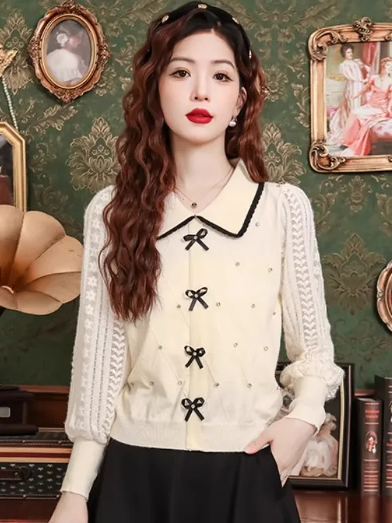 

French Sle Lace irt Women's Spring 2026 New Knitted Slimming Waist Doll Collar Long Sve Cotton Blend Faionable Top