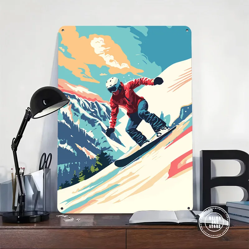 Alpine Flow – Dynamic Ski Rider in Winter Poster Retro 3D Printed Metal Signs Customized Wall Hanging Gift for Desk Decor Room
