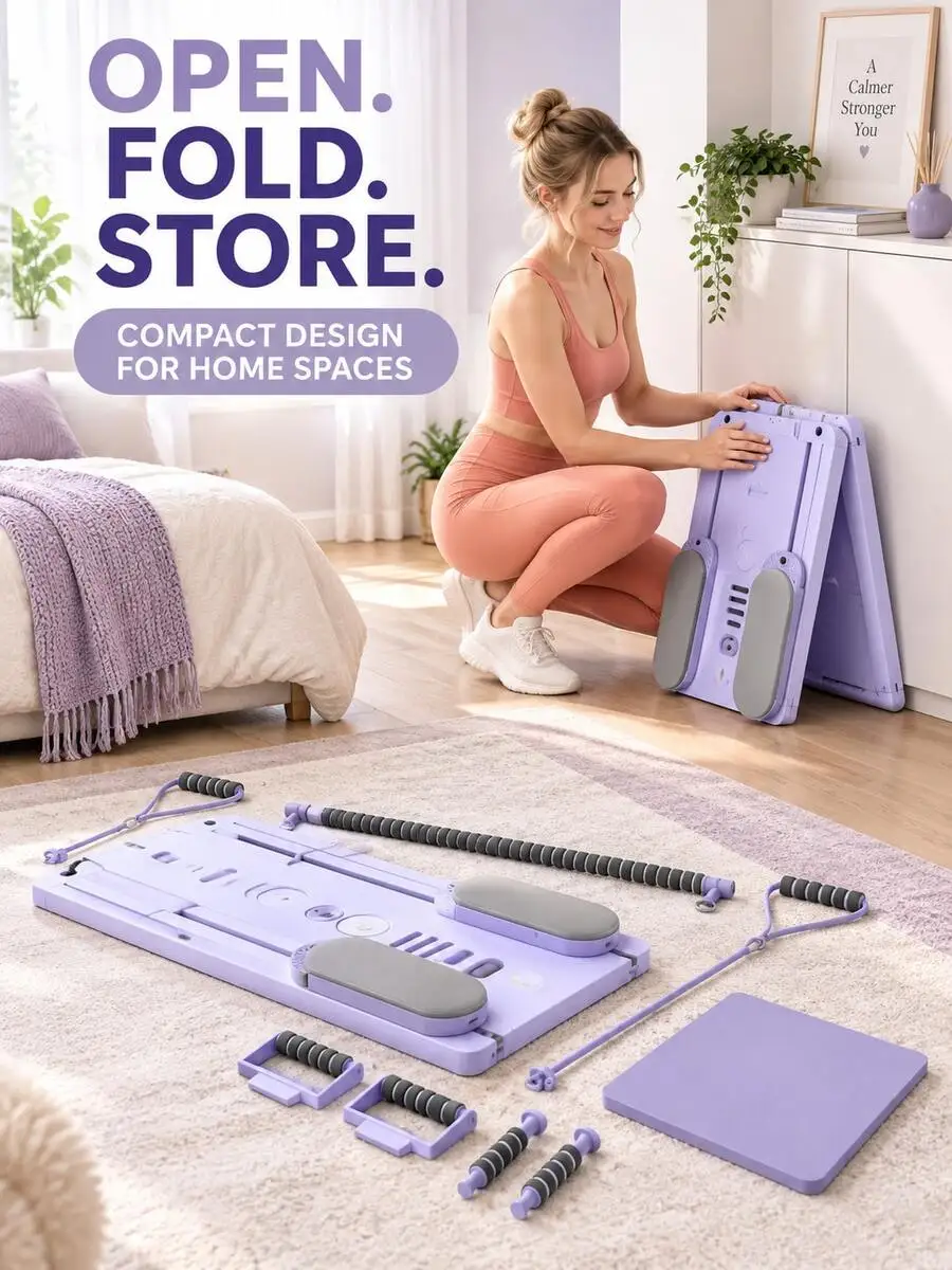 8‑In‑1 Foldable Pilates Exercise Board With Dual Sliding Pads, ResiBands, Support Handles & Phone Holder, Multifunctional Home G