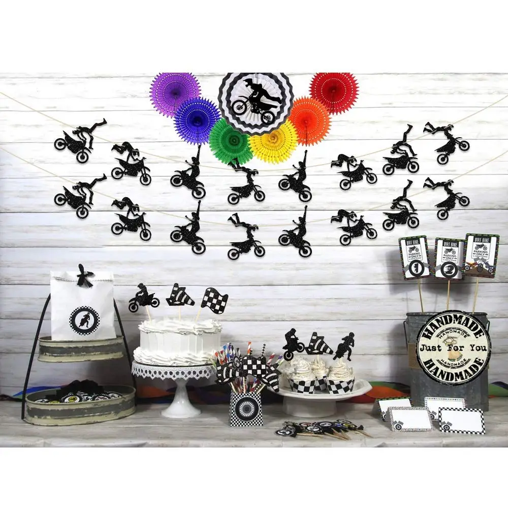 Motocross-Geburtstagsparty-Dekoration, Kuchen-Cupcake-Topper, Motorrad-Banner, Kuchendekoration für Geburtstagsparty-Zubehör für Männer oder Jungen – Detail 2