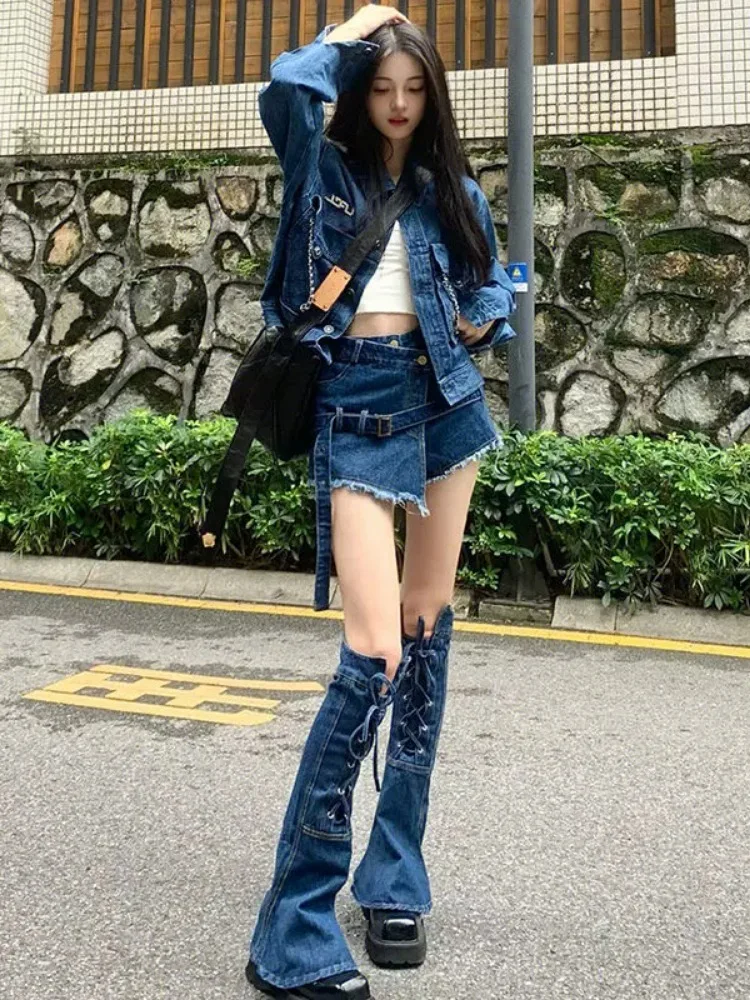 ADAgirl Streetwear Blu Cowboy Top Cappotto Design asimmetrico Lace Up Denim Minigonna Autunno Set di tre pezzi Abiti da donna